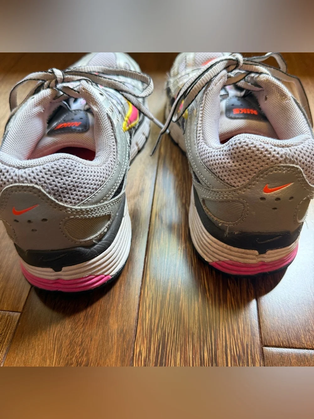 Nike Women's Grey Running Sneakers with Pink & Yellow Accents Size 7